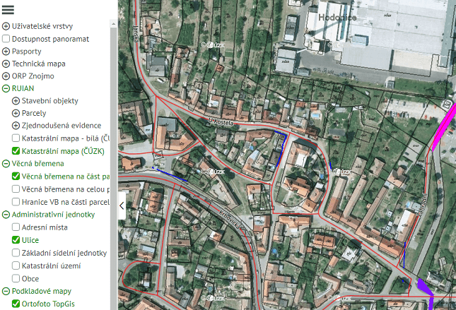 Ukázka veřejně přístupné mapy centra obce Hodonice s katastrální mapou a možností náhledu na pozemky, vizualizace věcných břemen