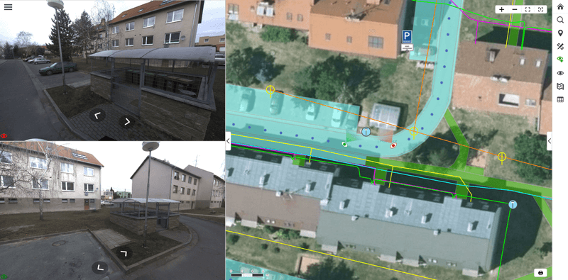 Panoramatický náhled ulice pro měření, použitý nad ortofotomapou s pasportem komunikace a technických sítí